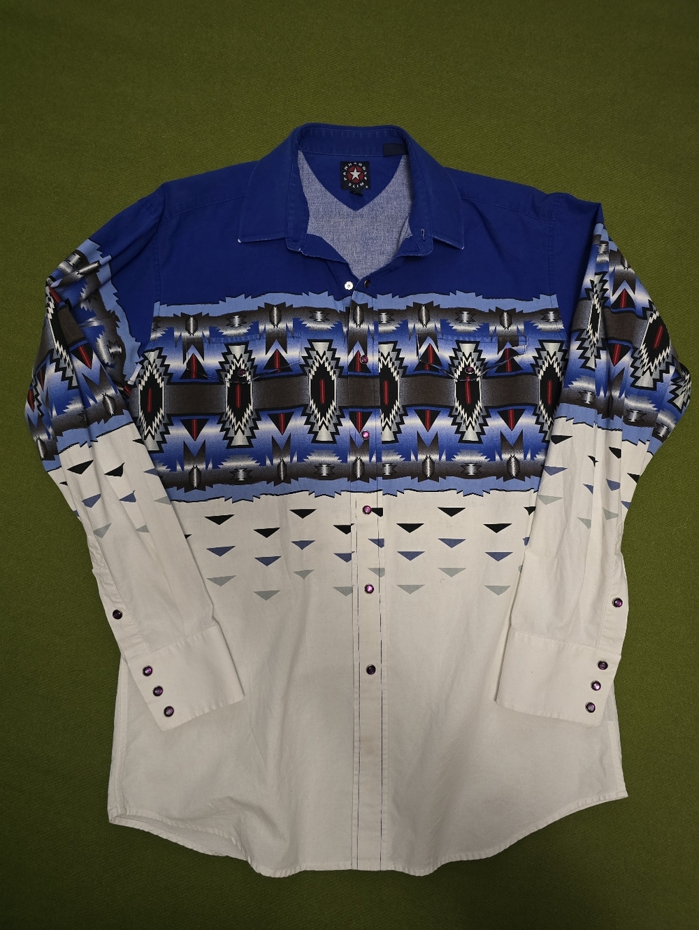 Blue and White Mens Aztec-Print Snap-Up Shirt